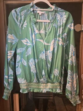 Current Air Green Blouse with Blue & White Floral Print